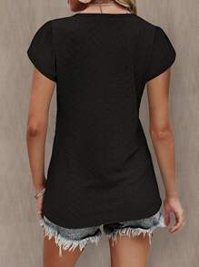 INAWLY 女士纯色提花交叉短袖休闲 T 恤，春夏 - 黑色 - 查看 2