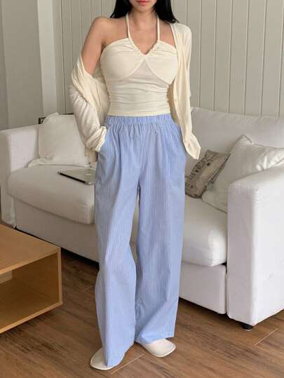 DAZY 三件套纯色纽扣门襟上衣、吊带背心和条纹宽松直筒裤家居服套装，秋冬舒适休闲装