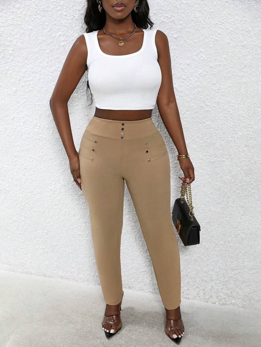 SHEIN LUNE Women High Waisted Casual Versatile Skinny Pants With Rivets Fall Cloth For Women - Khaki - View 1