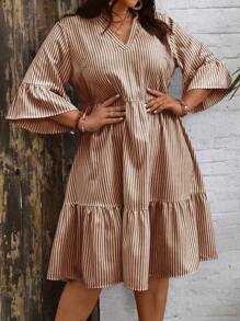 SHEIN Clasi Plus Size Women Striped V-Neck Flare Sleeve Ruffle Hem Casual Dress - Brown - View 4