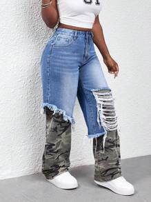 SHEIN Slayr Jeggings de efecto denim rasgado de moda para mujer - Azul - Ver 5