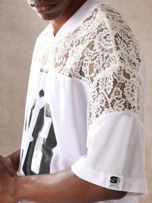 SUMWON Summer Football Jersey Style Casual Athletic T-Shirt With Delicate Lace Shoulder Inserts Detailed Number Print Leisure Sports Varsity Design Streetwear Fashion Everyday Essential - White - View 4