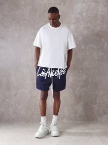 SUMWON Designer Drop Crotch Athletic Shorts Loose Fit Streetwear Urban Style Drawstring Sports Basketball Training Gym Summer Comfortable Sweat Shorts - Navy Blue - View 2