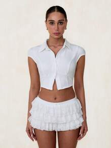 Glamine Women's Solid Color Cropped Short Sleeve Fitted Collared Shirt