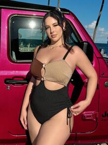 Slaysola Conjunto de 2 piezas para mujer talla grande, traje de baño con bloques de color acanalado y cubrecostras, conjunto de atuendo casual para vacaciones