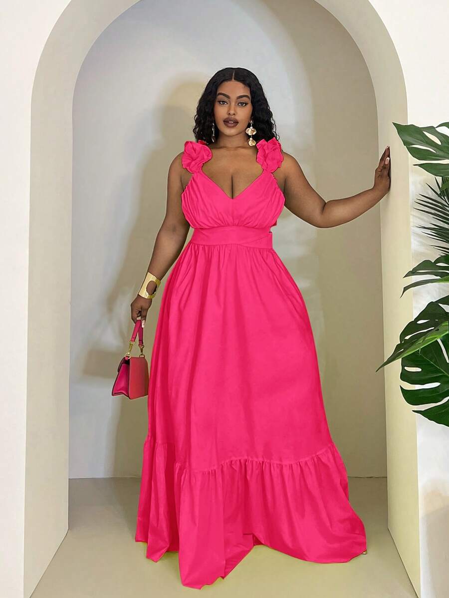 Slaydiva Plus 2025 New Arrival Vacation V-Neck Ruffle Hem Backless Maxi Dress, Casual All-Match Everyday Wear, Suitable For Spring & Summer
