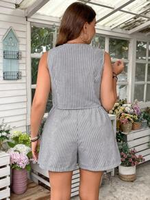 SHEIN LUNE Plus Size Old Money Style Blue & White Stripe Front Buttoned Women Two Pieces Sets Set Teacher Clothes Teacher Outfits Women Clothing Sets Comfortable Cotton Travel Outfit Airport Rave Outfits Festival For Women Country Concert Outfit Nashville Outfits Western Clothes For Women Cowgirl Outfit - Black and White - View 2