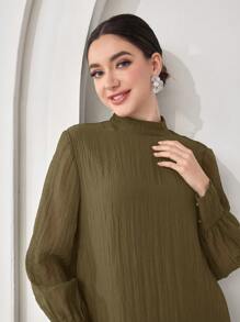 Veilorie Women's Solid Color Stand Collar Long Sleeve Ruffle Hem Elegant Dress Modest Dress - Brown - View 5