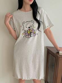 DAZY Camisón de mujer con estampado de oso de dibujos animados de manga corta, para invierno