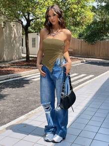 Muchica Damski top z siateczki z rozcięciem z boku i wiązaniem z przodu