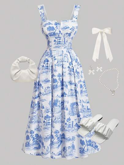 Girlism 少女蓝白复古宫廷花卉印花连衣裙复古连衣裙复古衣服夏季连衣裙布里奇顿风格连衣裙，春夏适合度假、节日、午餐、音乐节