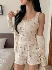 DAZY 3pcs/Set Women Cute Bear Pattern Allover Print Open Front Top , Cami Top And Shorts Pajama Set, Fall Winter Clothes