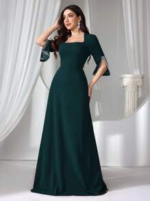 Coutiva Vestido elegante de noche de mujer con falsa perla y punto verde, vestido de fiesta, vestido de invitada de boda