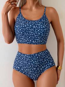 SHEIN Swim 2pcs/Set Women Ditsy Floral Camisole Tankini Top And High-Waist Triangle Bikini Set, Vacation Casual For Summer - Multicolor - View 3