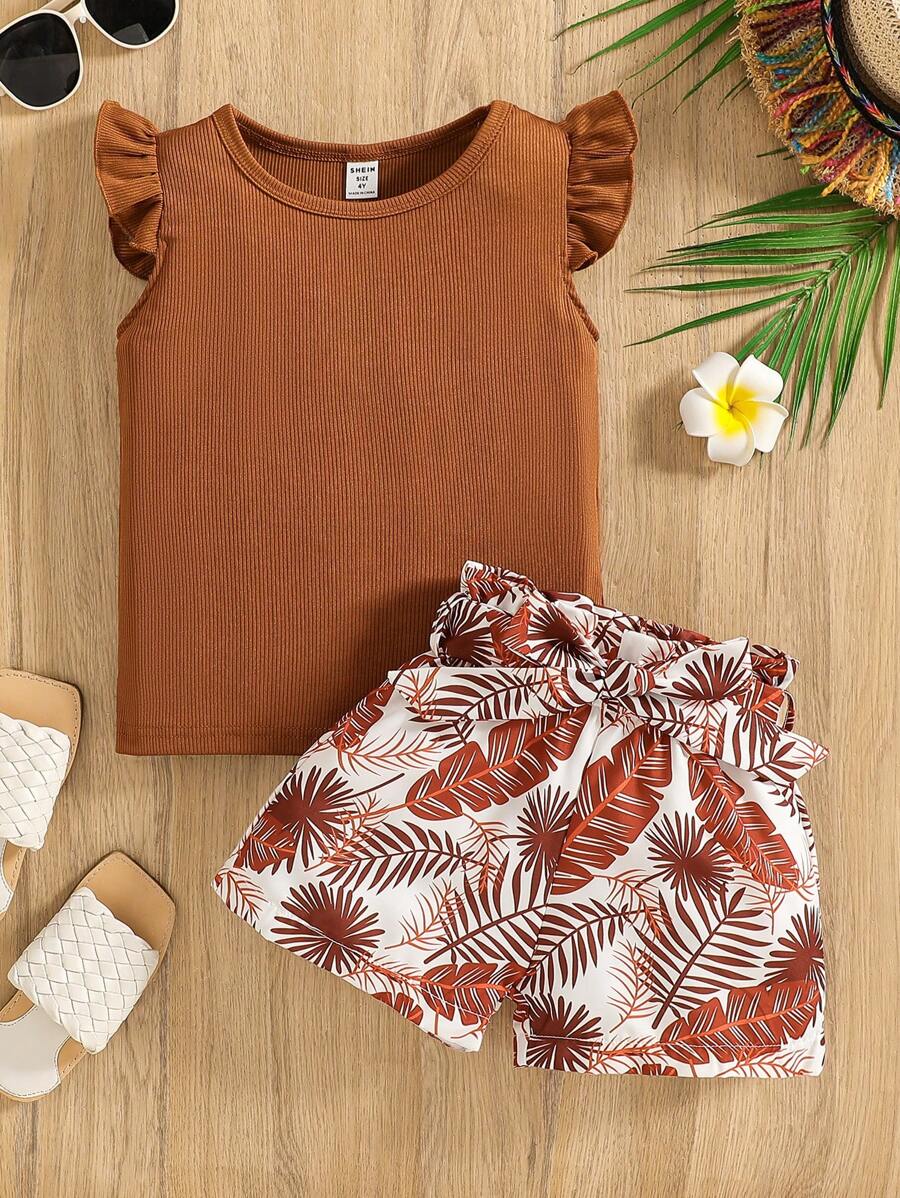 SHEIN 2pcs/Set Young Girls Solid Color Sleeveless Round Neck Top And Shorts Set - Khaki - View 1