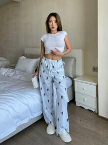 SHEIN Pantalones sueltos azul y blanco con rayas de verano versátiles y casuales para adolescentes