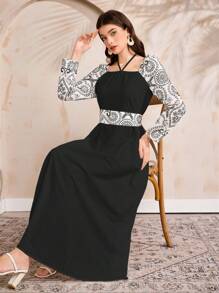 Al Najma 刺绣挂脖式阿拉伯女式连衣裙，端庄 - 黑色 - 查看 4