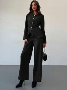 Aloruh 1 套女士办公室/通勤杏色修身长袖衬衫 + 及地直腿裤 - 黑色 - 查看 6