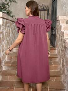 SHEIN LUNE Plus Size Solid Color Ruffle Hem Short Sleeve Casual Short Mini Dress Valentines Love Valentine Day Dresses For Women Vacation Outfits Woman Summer Outfits For Women Going Out Tops Women,Business Casual Woman, Cute Shirts,Office Spring Outfits For Women Boho Wedding Guest Dress Women Casual Dress Puff Sleeve - Dusty Pink - View 2