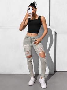 SHEIN EZwear Women's Pocketed Distressed Skinny Casual Versatile Denim Jeans - Army Green - View 3