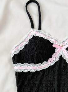 SHEIN Teen Girls Summer V-Neck Contrast Lace Dress With Bowknot Decorated Straps/Ballet Core/ Cute