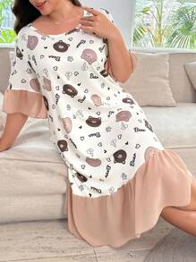SHEIN Plus Size Women's Cartoon Bear & Letter Print Color Block Ruffle Trim Chiffon Nightgown, Moo Moo Sleep Dress - Multicolor - View 4