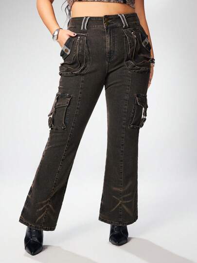 Grunge Punk Outfits für Frühjahrskonzerte, Frauen Rave Vintage Y2K weite Jeans, dehnbare ausgewaschene Jeans mit mehreren Taschen, in Große Größen