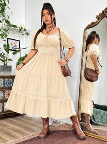 Flirla 大码女式甜心领蕾丝荷叶边下摆优雅连衣裙