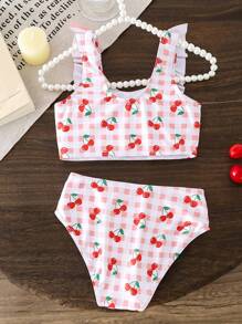 Young Girl Cherry Print Swimwear Set With Ruffles - Multicolor - View 3