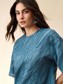 Anewsta 女士时尚镂空圆领短袖衬衫，夏季女士 - 藍色 - 查看 2