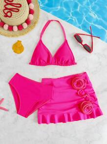 3pcs Tween Girl Handcraft 3D Floral Bikini Swimwear Set - Hot Pink - View 8