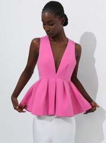 Aveloria Modichic 女士优雅休闲无袖荷叶边下摆设计衬衫 - 玫紅色 - 查看 4