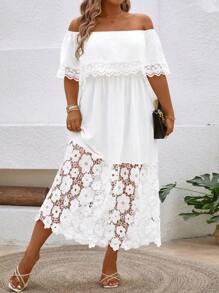 Breezaya Plus Size Women Elegant Off Shoulder Ruched Waist Contrast Lace Dress - White - View 4