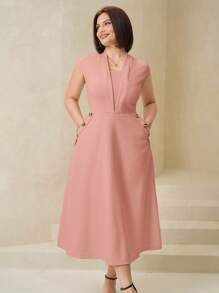 SHEIN Clasi Elegantes Bürokleid in großer Größe mit Knopfverzierung - Pink - Übersicht 4