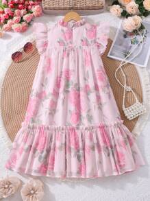 Tween Girl' Pink Chiffon Printed Cap Sleeve Patchwork Ruffle Collar Loose Dress, Elegant & , Summer,Holiday,Summer,Travel - Pink - View 2