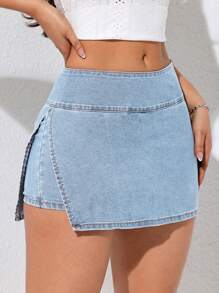 SHEIN EZwear 女士休闲水洗侧开叉牛仔短裙短裤 - 淺色水洗藍 - 查看 3