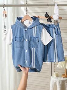 Explorewe Tween Boy Striped Denim Cargo Pocket Hoodie Vest, Round Neck Short Sleeve T-Shirt And Shorts 2Pcs Set Boys Clothes Outfit Sets