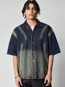 ROMWE MEN Street Life Áo khoác denim tay ngắn đơn hàng khuy rộng thoải mái cho nam - Màu xanh lam - Xem 4