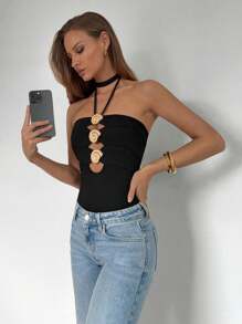 Roylia 女士时尚优雅纯色金属装饰镂空细节抹胸紧身衣