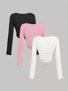 SHEIN MOD Áo thun trơn đơn giản đa năng thường ngày cho nữ có họa tiết nhún màu - Hồng - Xem 2