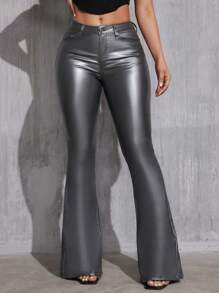 SHEIN Tall Women's Casual All-Match Low Waist Regular Black Coated Flare Pants, Spring/Autumn