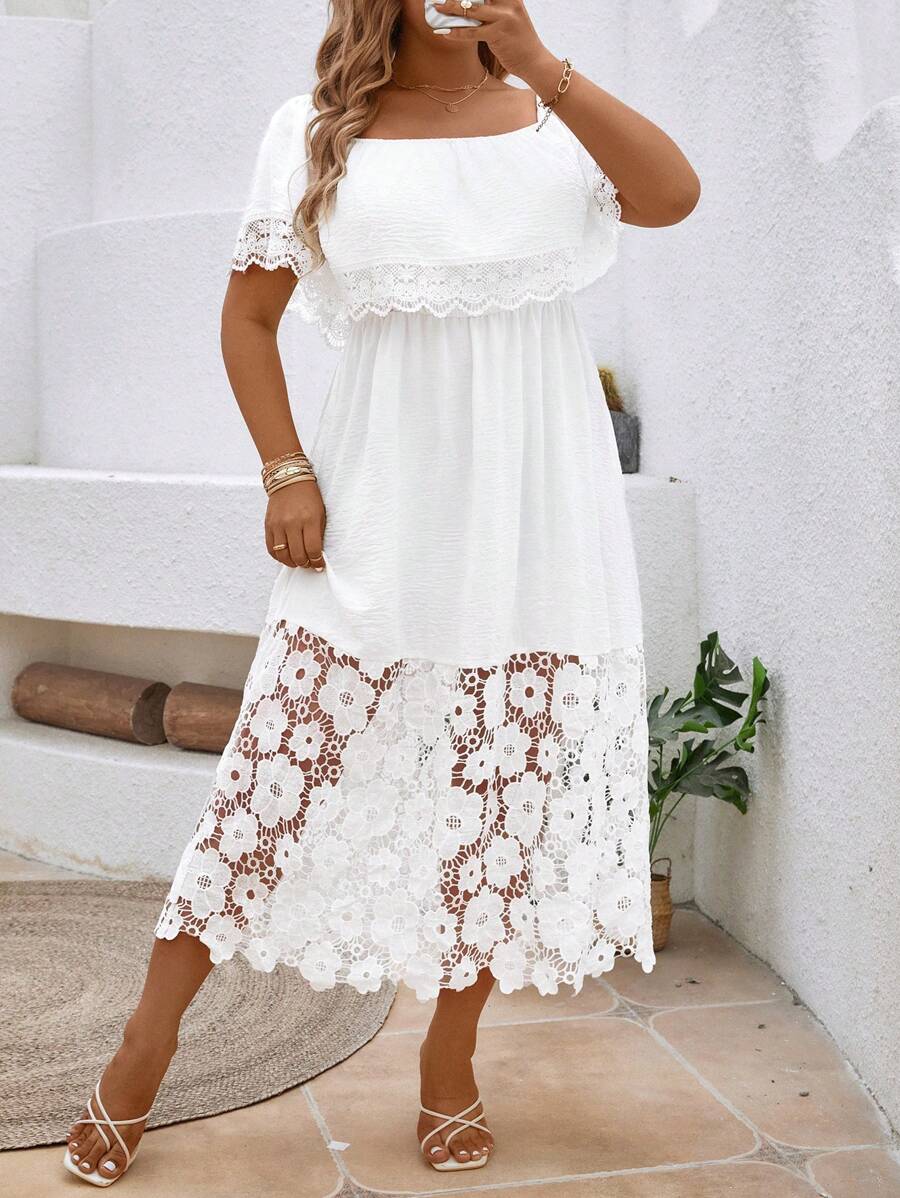 Breezaya Plus Size Women Elegant Off Shoulder Ruched Waist Contrast Lace Dress - White - View 1