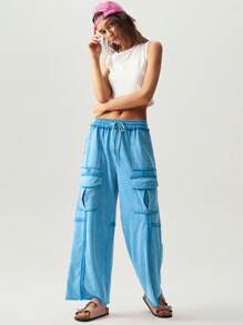 Bohemela Quần ống rộng dệt kim màu trơn BOHO dành cho nữ có túi 3D, quần mặc đi nghỉ mát thường ngày cho nữ, quần áo nữ cỡ lớn, quần đi biển cho nữ, quần túi hộp cho nữ, quần nhỏ nhắn cho nữ, quần áo nữ - Màu xanh lam - Xem 6