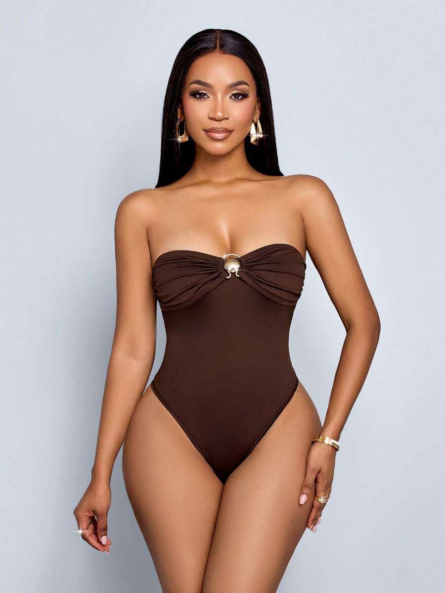 Women Simple Solid Color Spring Summer Daily Wear Romantic Vacation Music Festival Ins Backless Tube Bodysuit - Brown - View 1