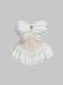 SHEIN MOD Plus Size Women's Vintage White Lace Pearl Button Trimmed Bustier,Corset,Ruffle Top,New Years Women,Vacation Woman,Corset,New Years Top Wedding Wedding Corset Tops For Women Strapless Shirt Corset Summer Women Tops Woman Summer Tops Woman Top Women Women Spring Tops Women Summer Top Women Shorts Wig Summer Tops 4th Of July Babydoll Top - White - View 1