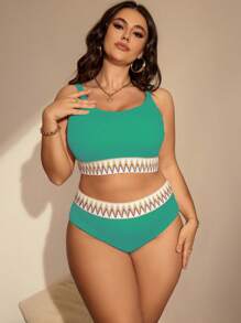 SHEIN Swim Curve Plus Size Women 2pcs/Set Strap Textured Fabric Bikini, Fashionable & Minimalist Design For Vacation & Beach For Summer - Baby Blue - View 7