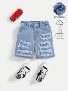 SHEIN Pantalones cortos vaqueros azules de ajuste holgado con parches, efecto desgastado, rotos y deshilachados, para niño pequeño, estilo callejero fresco de verano, ropa de calle primavera/verano, vacaciones de primavera - Azul lavado medio - Ver 1