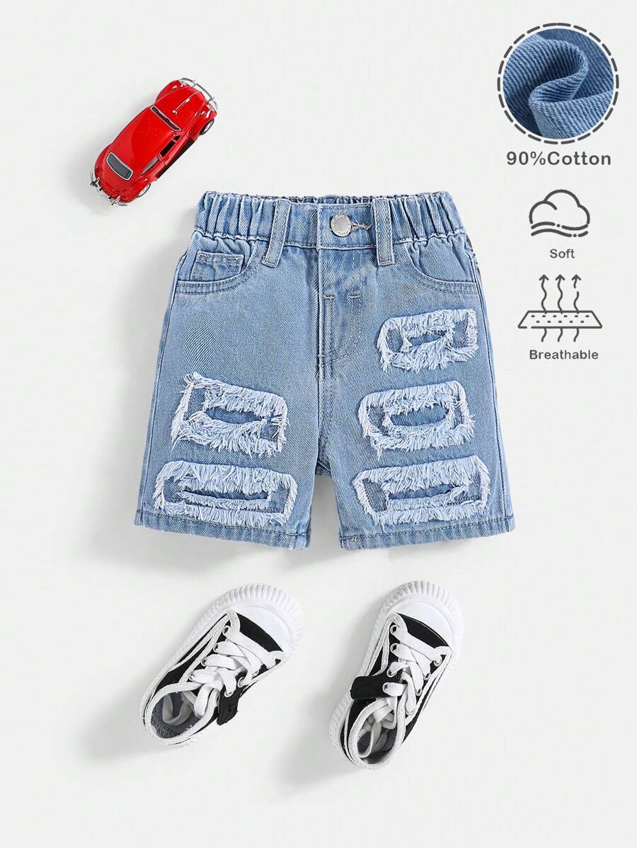 SHEIN Pantalones cortos vaqueros azules de ajuste holgado con parches, efecto desgastado, rotos y deshilachados, para niño pequeño, estilo callejero fresco de verano, ropa de calle primavera/verano, vacaciones de primavera - Azul lavado medio - Ver 1