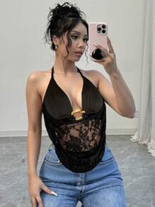 Chiquease Camiseta de tirantes con encaje calado y hebilla metálica sexy para mujer, elegante, Y2K, casual, bikini, minimalista, playa, vacaciones, festivales de música, unicolor, negro - Negro - Ver 1