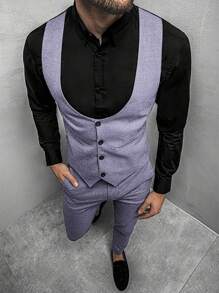 Calvornis Men's Single-Breasted Vest And Pants Business Formal Suit Set - Purple - View 4
